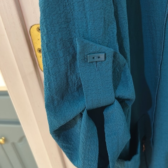 Ali Miles Cowl Neck Roll Tab Sl SZ XL Asymmetrical Textured Teal Tunic Top - Picture 2 of 7